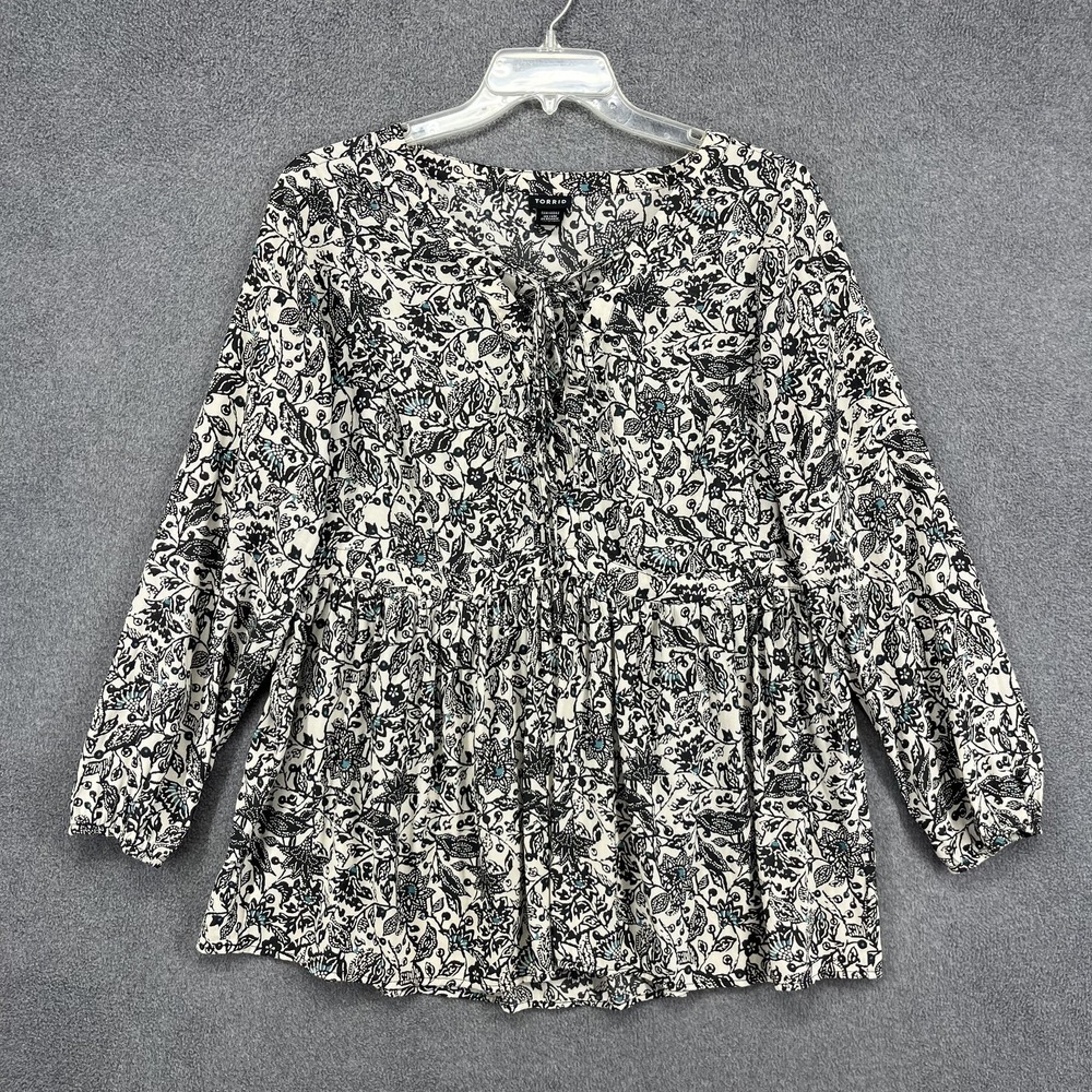 Torrid Shirt Womens 1X‎ Black White Floral Boho Peasant Tunic Long Sleeve Tiered